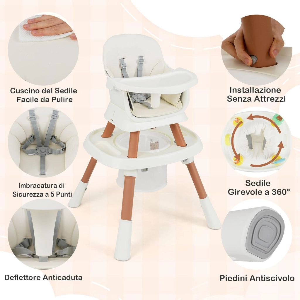 Seggiolone Pappa Bambini, con Cintura e Vassoio Rimovibile (Bianco) | Sedia Evolutiva per Neonati 6-36 Mesi con Cintura e Vassoio Rimovibile, 3 Giochi e Cestino