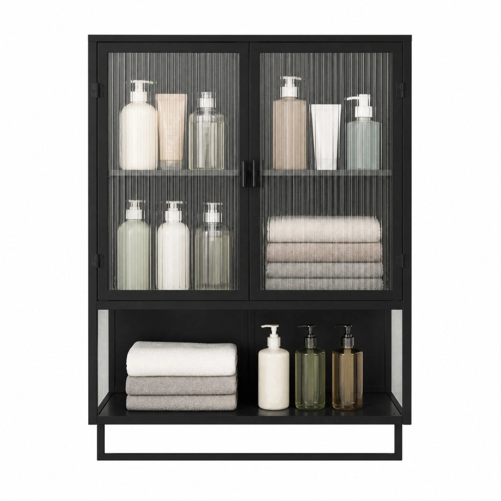 Credenza da parete moderna nera con ante in vetro, ripiano aperto e barra porta asciugamani, 60 x 23 x 78 cm