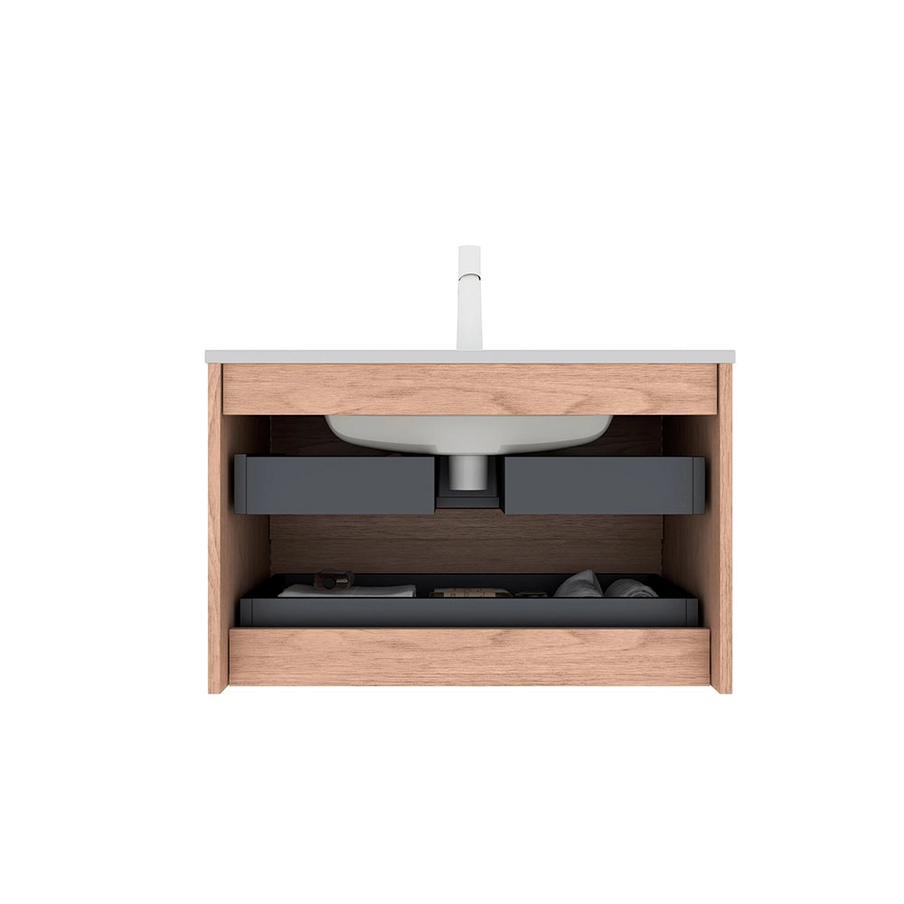 Mobile lavabo a parete con vaso in ceramica - Xylo - 81 cm - Colore legno cannella - 2 cassetti pre-assemblato