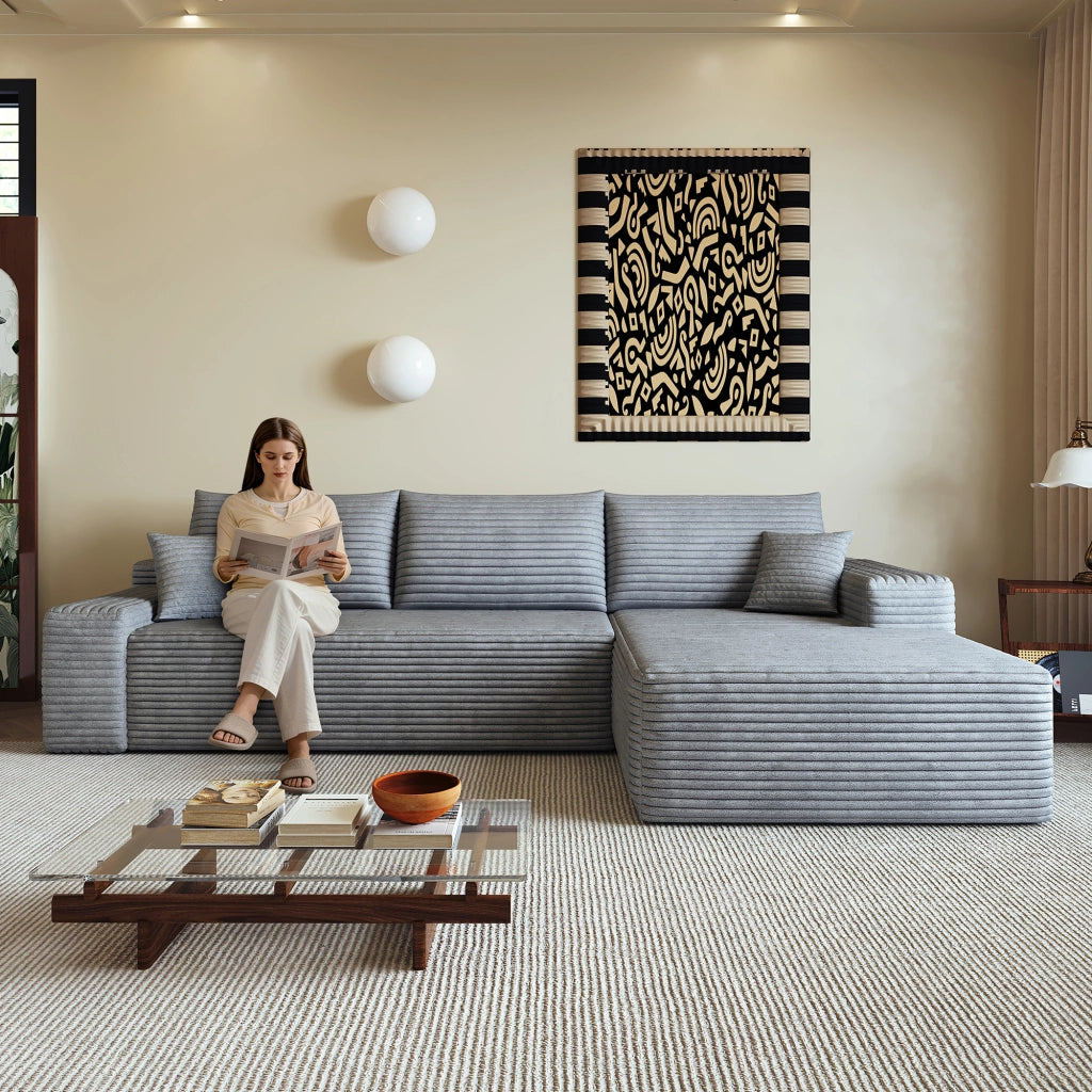 Divano angolare modulare con chaise longue in tessuto a coste e schiuma ad alta elasticità grigio