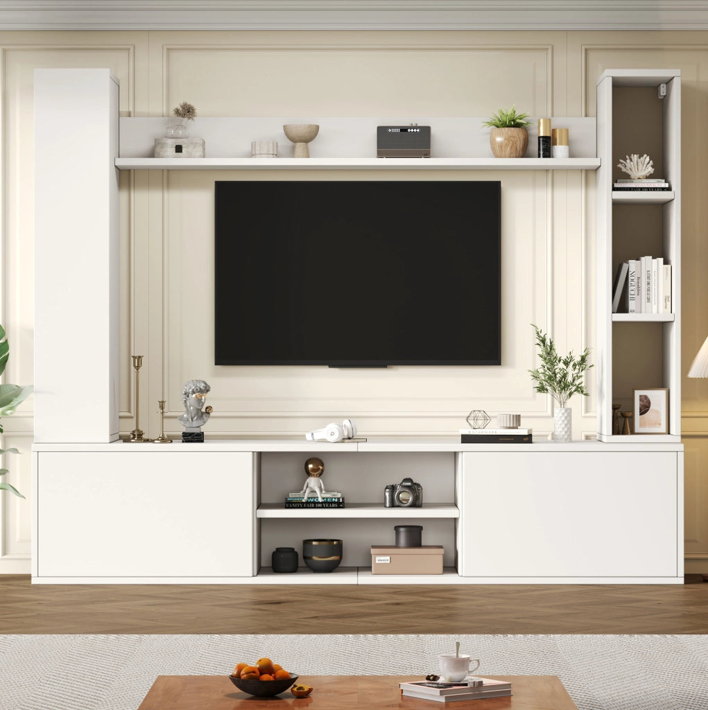 Set parete TV con ampio spazio contenitivo in truciolare bianco