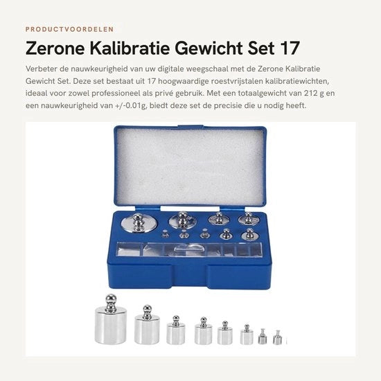 Set di pesi di calibrazione 17 pezzi - Acciaio inossidabile - Incluso pinza - Compattabile e leggero - Peso complessivo 212 g - Precisione +/- 0.01 g - Set di pesi di calibrazione