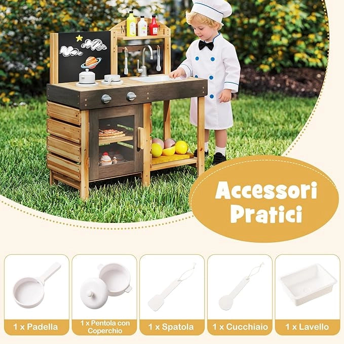 Cucina Giocattolo per Bambini, Cucina Legno per Bambini con Lavagna, Fornelli, Lavandino, Rubinetto, Forno, Accessori Generosi, Mensole di Stoccaggio, per 3+ Anni