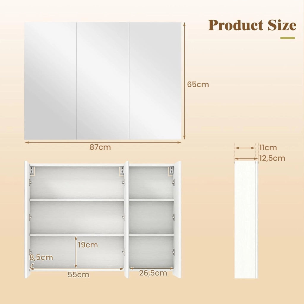 Armadio con specchio da bagno, pensile con 3 ante a specchio, a 6 scomparti, 87 x 65 x 12,5 cm, bianco