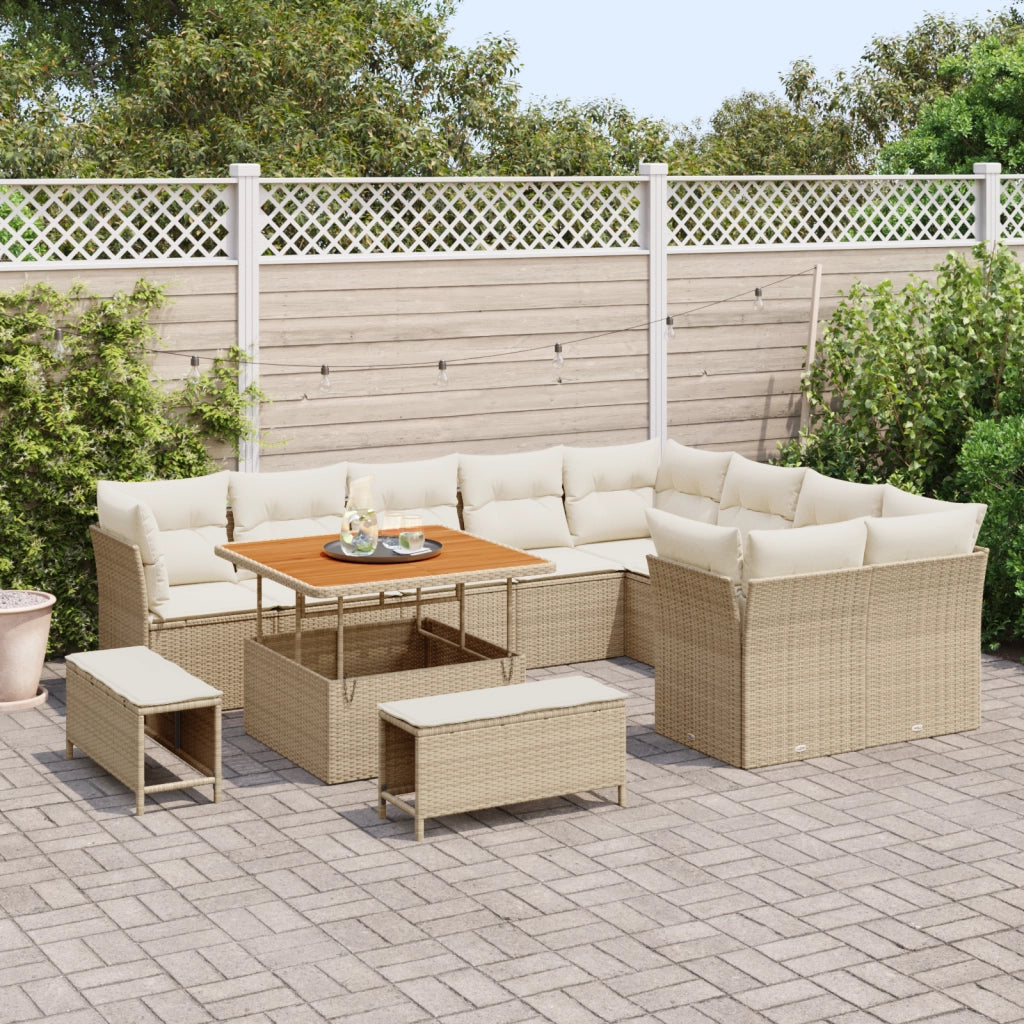 Set Divano da Giardino 12 Pezzi con Cuscini Beige Polyrattan Acacia