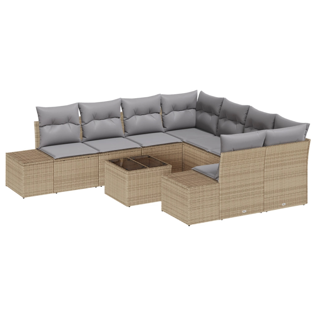 Set di Divani da Giardino da 9 Pezzi con Cuscini Beige in Rattan Poliestere