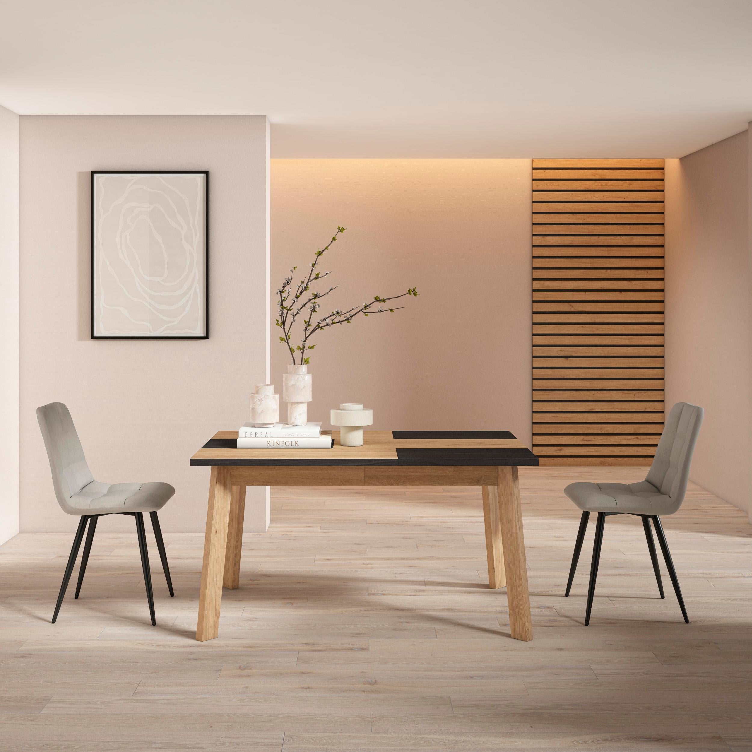 Tavolo da Pranzo, 140x90x74cm, Per 6 persone, Gambe in legno, colore Rovere e nero RF2883