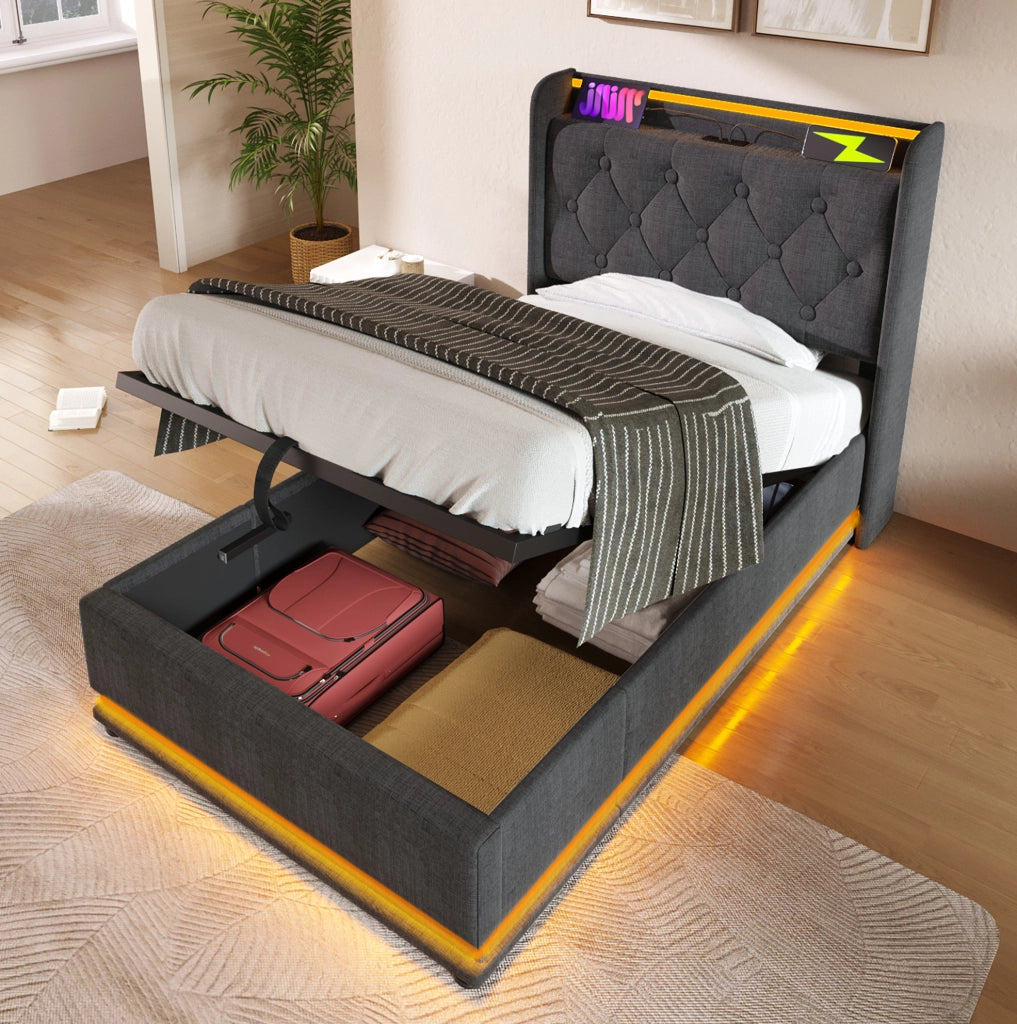 Letto imbottito singolo 90x200 cm con LED; USB Type-C e contenitore; tessuto lino grigio