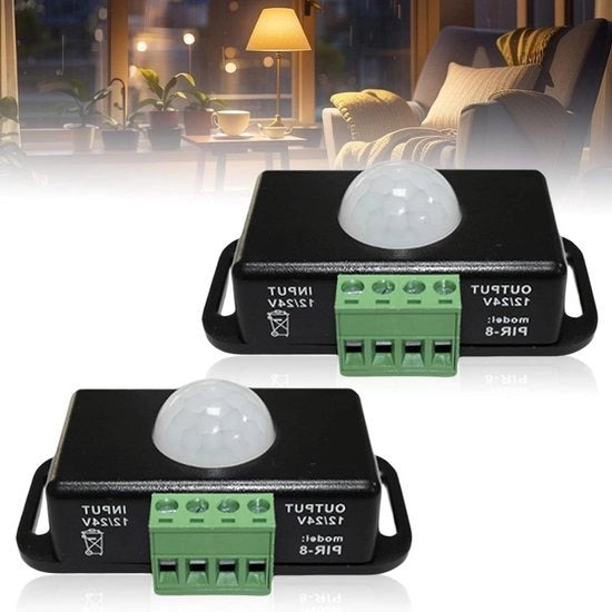 Due unità di sensore di movimento LED DC 12 V 24 V nero Senso di movimento mini corpo Infrarosso Sensore di movimento PIR Interruttore Automatico Metro di movimento a infrarossi per LED strip lampade