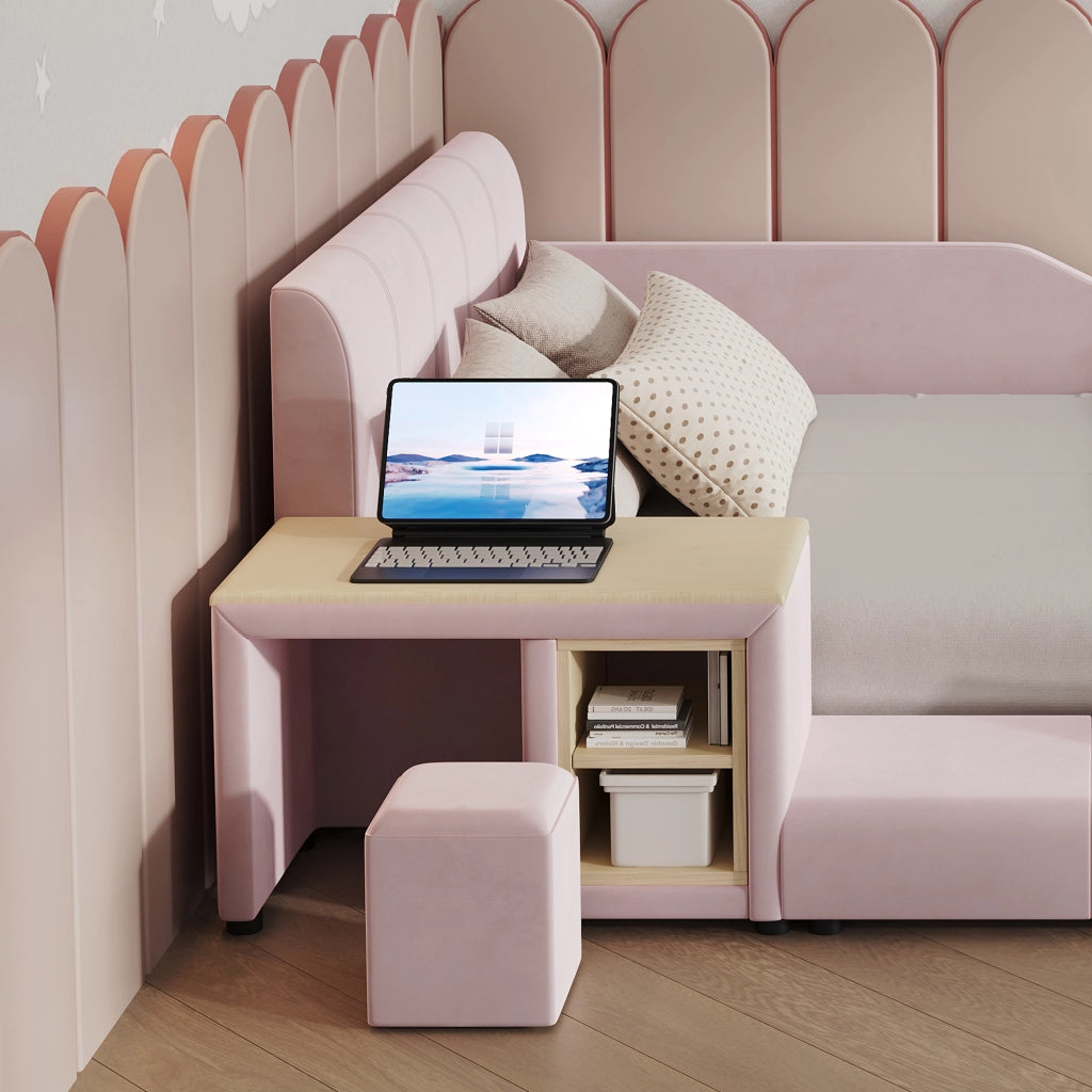 Letto Combinato 140 x 200 cm; Letto Singolo - Scrivania; Sgabello e Mensola - Rosa