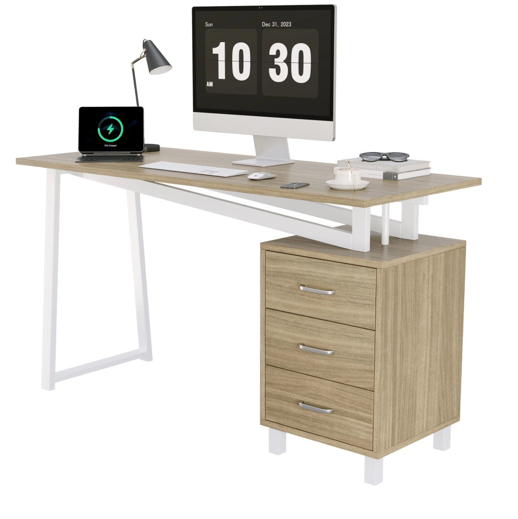 Scrivania 130x55x75 cm con 3 cassetti; struttura stabile in MDF e acciaio; naturale e bianco