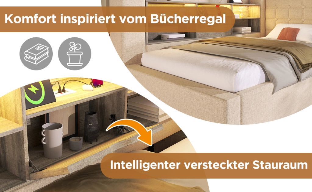LETTO Contenitore 140x200 cm L in lino beige con materasso incluso
