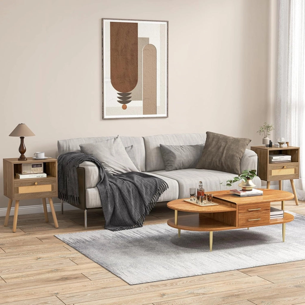 Set di 2 comodini con cassetto in rattan e ripiano aperto, tavolino con gambe in legno massello, comodino in stile boho, per camera da letto, soggiorno, 40 x 30 x 60,5 cm
