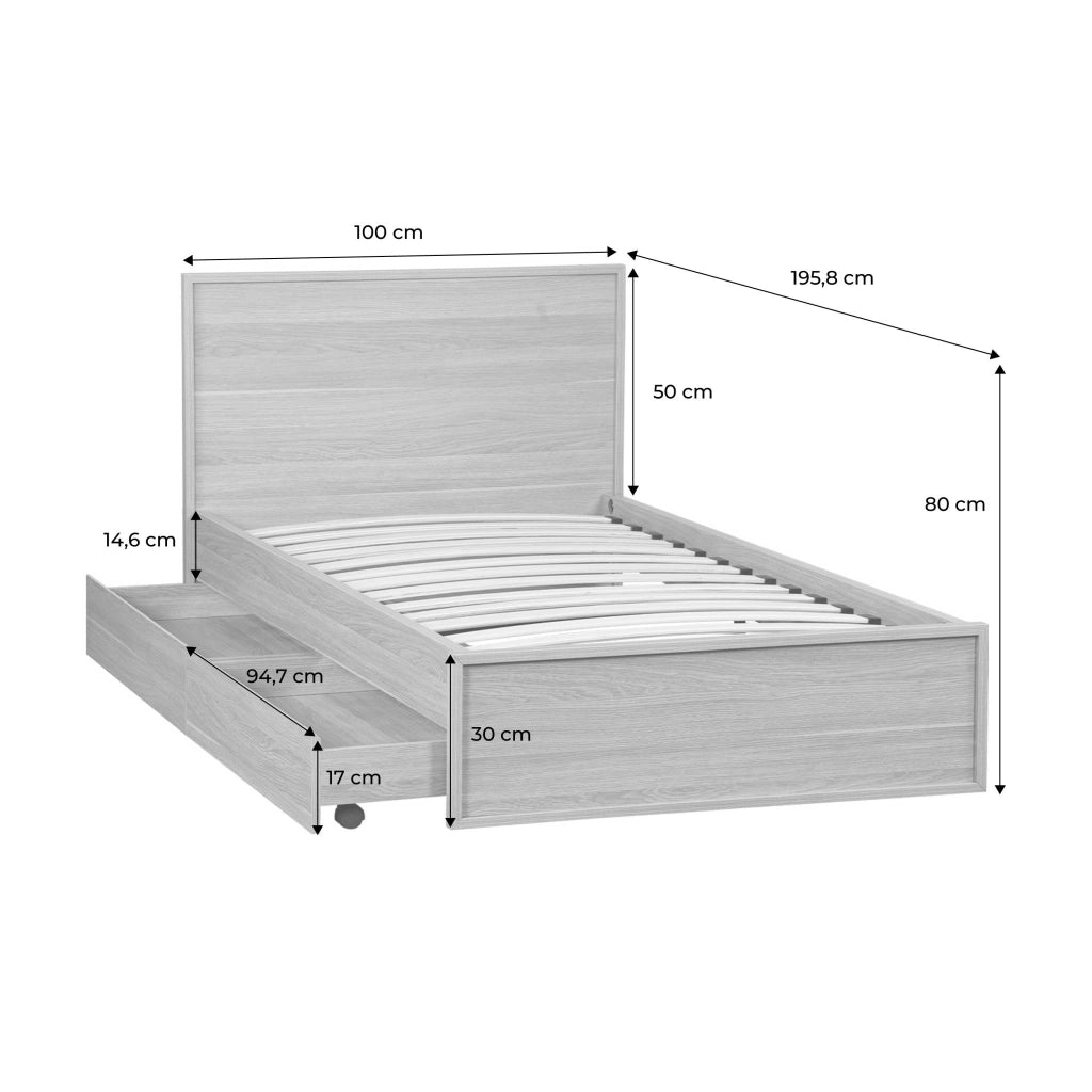 Letto con rete a doghe e testiera 90cm + 2 cassetti decorazione legno,