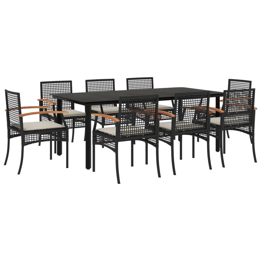 Set da Pranzo da Giardino 9 pz con Cuscini Nero in Polyrattan