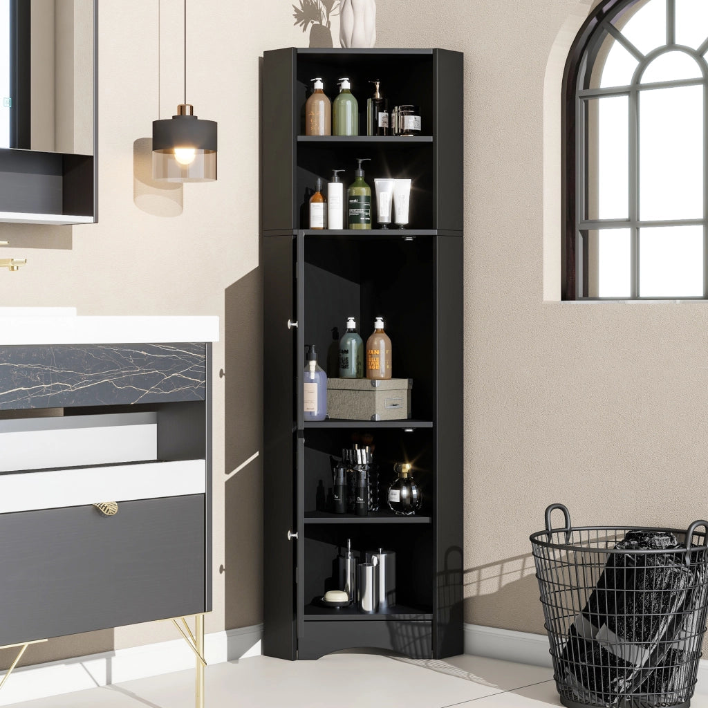 Mobile bagno angolare con vani aperti - per bagno - in truciolare - 36.5×36.5×155 cm - nero