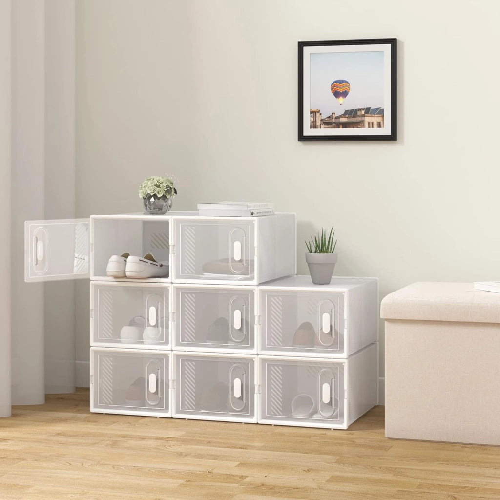 Set di 8 Scatole per Scarpe Contenitore Portascarpe Scarpiera Organizzatore Portaoggetti Impilabile Salvaspazio Coperchio Magnetico Plastica Trasparente Bianco 35x25x19cm