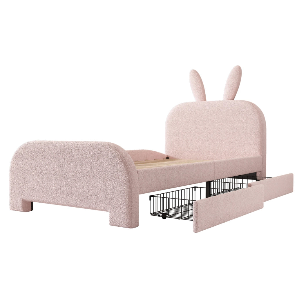 Letto singolo ULEVR 90x200 cm a forma di coniglio con testiera imbottita e 2 cassetti, rosa