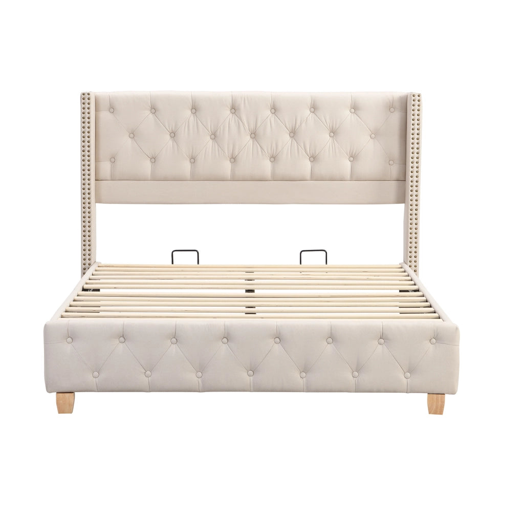Letto imbottito 160x200 cm con rete a doghe e testiera beige in lino
