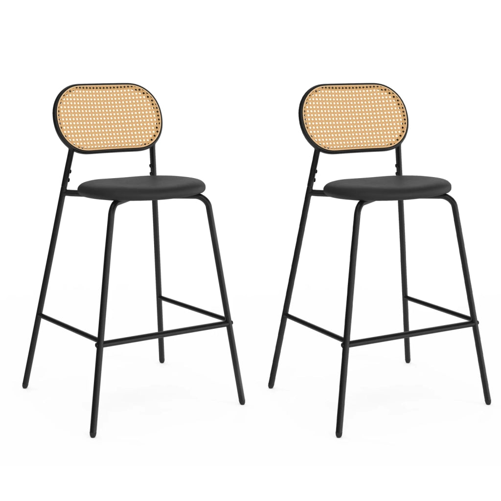 IDMarket - Set di 2 sgabelli da bar vintage CLOTILDE in metallo nero con schienale in canna