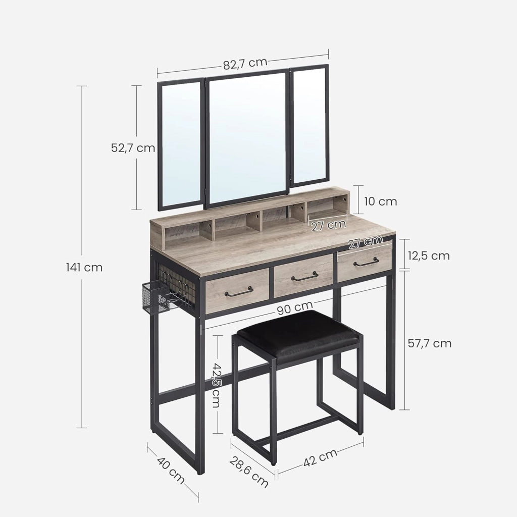 VASAGLE Tavolo da toilette con specchio pieghevole in 3 pezzi, supporto per asciugacapelli, tavolo cosmetico con sgabello imbottito, 3 cassetti, design industriale, Greige e nero RVT004B02