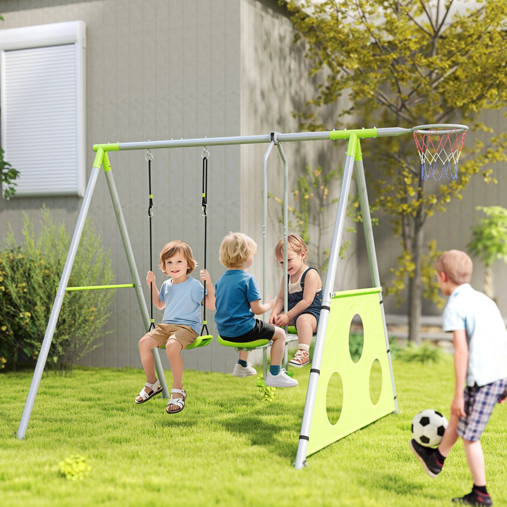 Set Altalene 4 in 1 con Dondolo, Cestino e Porta Bersagli per Bambini ¨C Zephmum ¨C Verde 215x180x182 cm