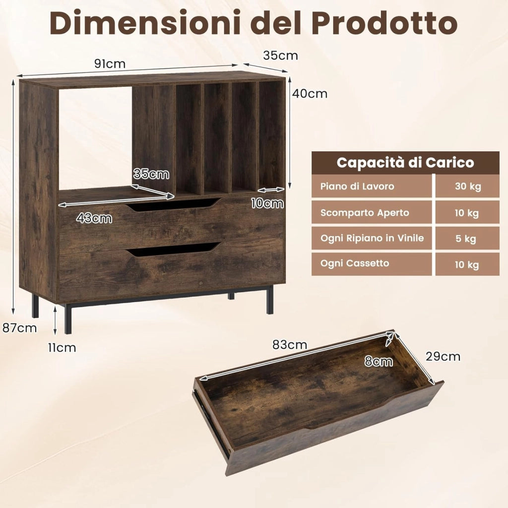 Supporto per Giradischi, Porta Dischi Vinile con 4 Ripiani per Vinili e 2 Cassetti, Armadio per Dischi Fino a 250 Album, per Soggiorno, Studio e Camera da Letto, 91 x 35 x 87 cm (Marrone)