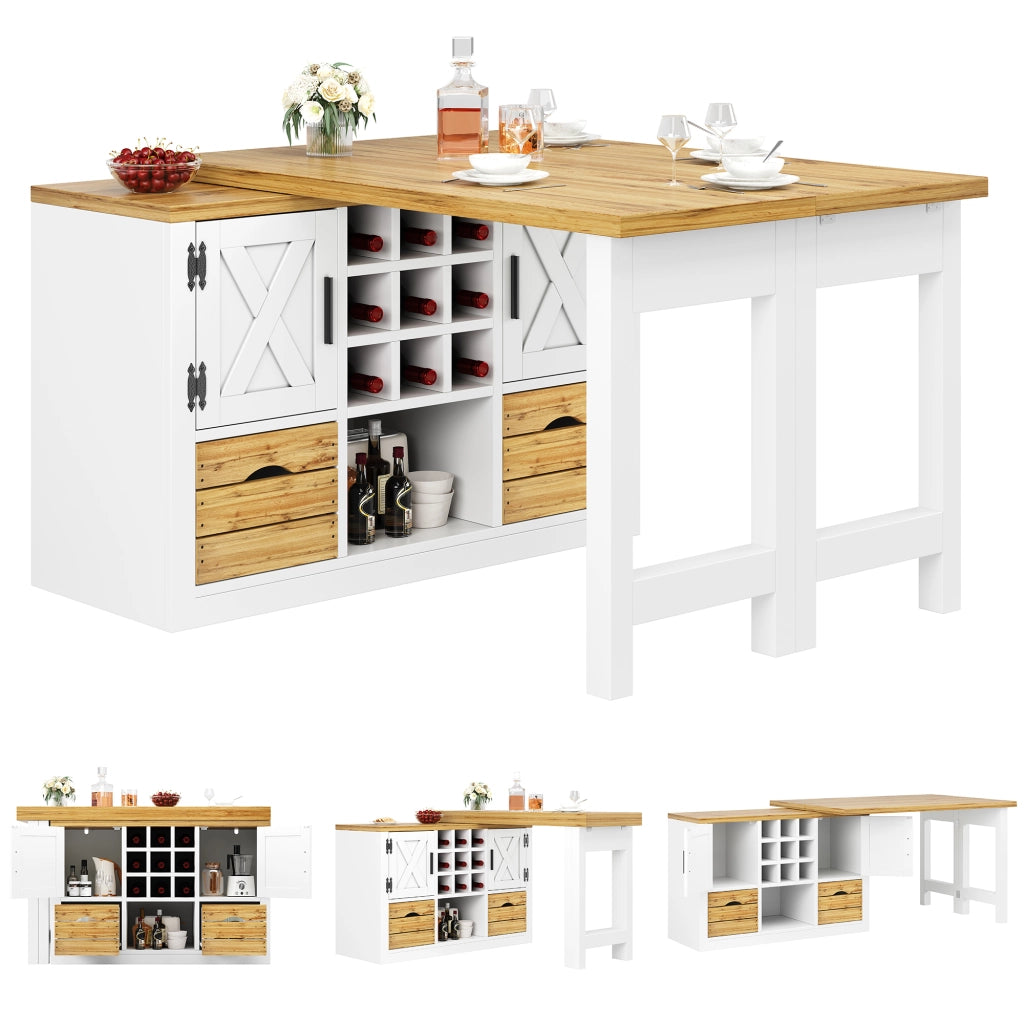 Tavolo da pranzo allungabile con credenza; piano girevole a 360°; cassetto e portabottiglie; per cucina e soggiorno; bianco; 120 × 40 × 72 cm