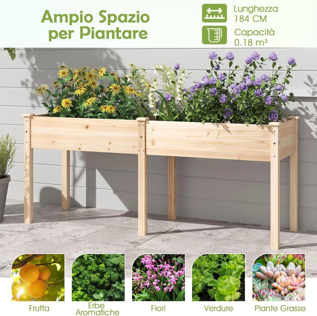 Fioriera da Giardino Rialzata, Letto da Giardino Elevato in Legno con Pannello Divisore, Fori di Drenaggio, Aiuola Rialzata per Piante, Fiori, Erbe e Verdure (Naturale)