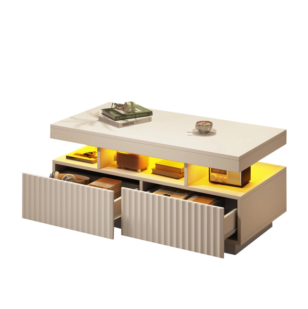 Tavolino da salotto 100 x 50 x 45 cm con 2 cassetti; LED controllato da app; bianco