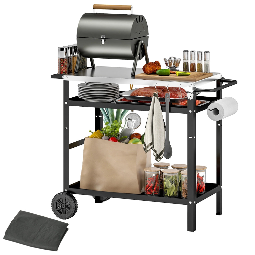 Carrello per Barbecue con Piano in Acciaio e Ripiano Regolabile ¨C zephmum ¨C Nero 100x52x80 cm