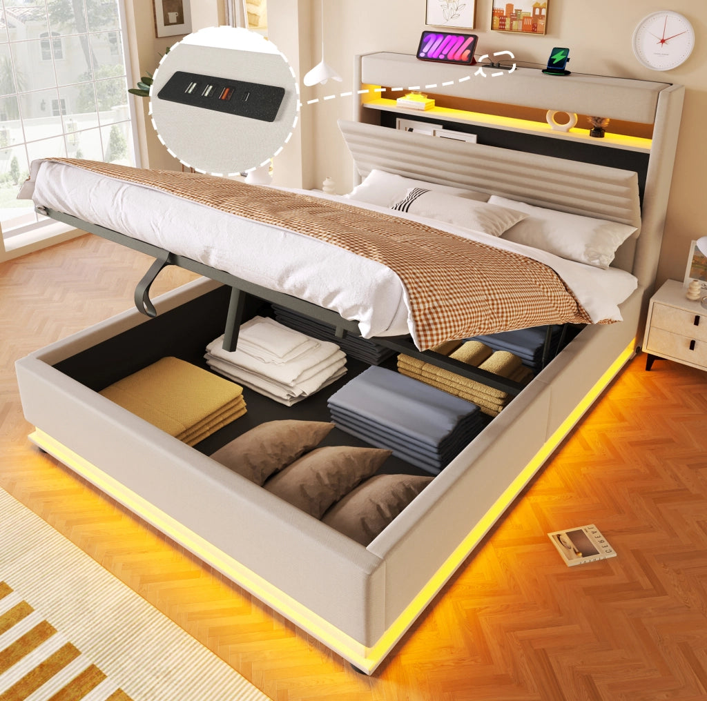 Letto imbottito con contenitore, LED e ricarica USB-C, 140 x 200 cm