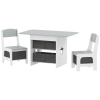 Set Tavolo e Sedie per Bambini 3-8 Anni con 6 Cassetti e Bordi Arrotondati, in Legno e Tessuto, Grigio e Bianco