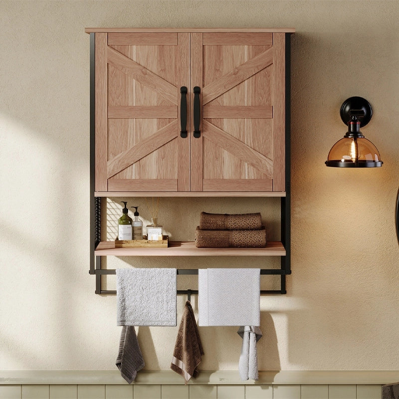 Mobiletto da bagno a parete in stile loft rustico con appendiabiti, marrone chiaro