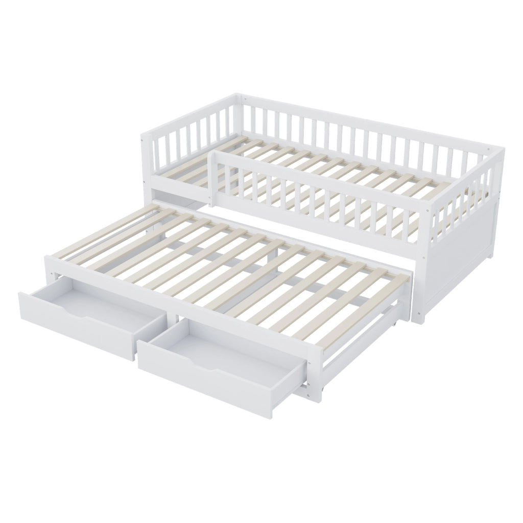 Divano letto in legno multifunzionale con letto estraibile, due cassetti e sponda di sicurezza bianca 90 × 200 cm