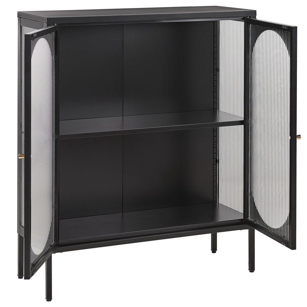 Credenza in acciaio nero e ante in vetro opaco in stile moderno contemporaneo