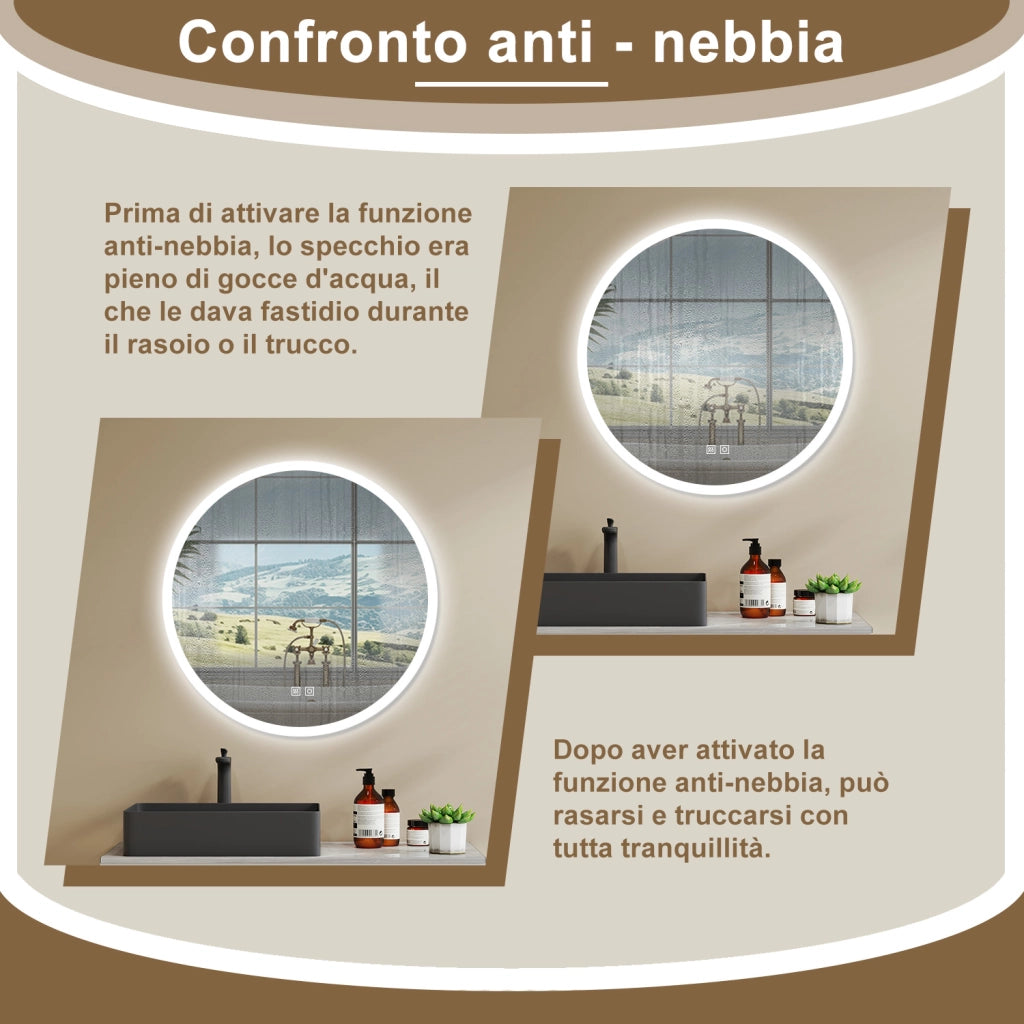 AICA Specchio Da Bagno Rotondo Da 70cm con LED, Antiappannamento, 3 Temperature Colore