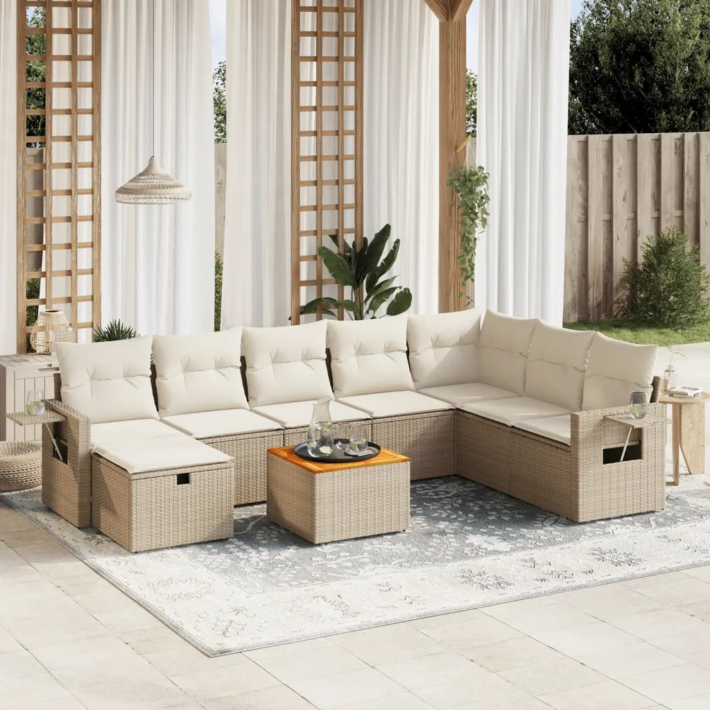 Set Divano da Giardino 9 pz con Cuscini Beige in Polyrattan