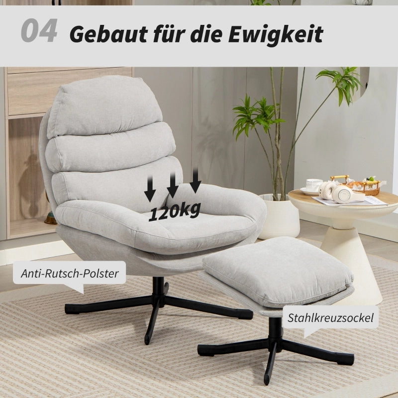 POLTRONA Girevole con Pouf 78x93x100 cm Poliestere Bianco crema