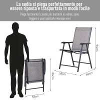 Set 2 Sedie Pieghevoli da Esterni in Acciaio e Texteline Per Giardino Veranda Terrazzo, Grigio, 58 x 64 x 94cm