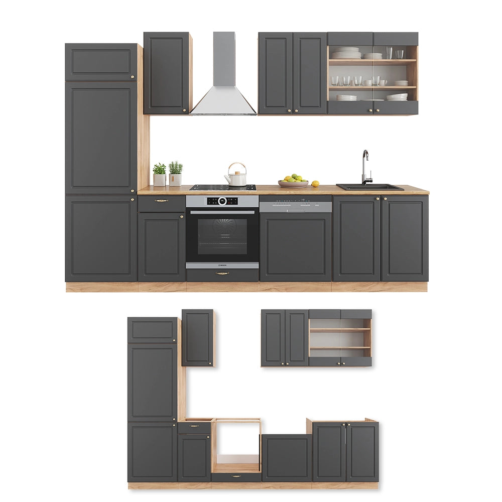 Cucina componibile Fame-Line Antracite rustico/Rovere dorato 300 cm, PL Marmo Vicco