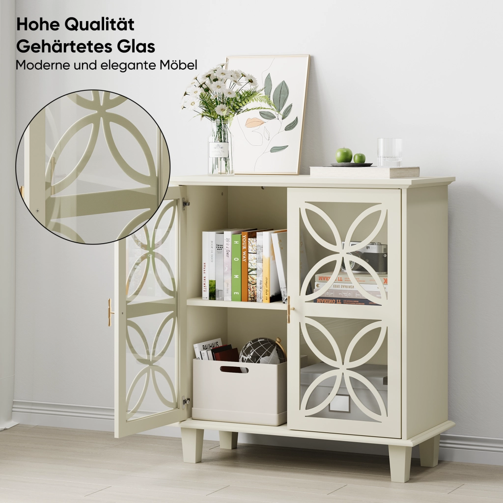 Credenza con 2 ante in vetro e ripiani regolabili; per cucina; in MDF; crema; 94×47.3×16.0 cm