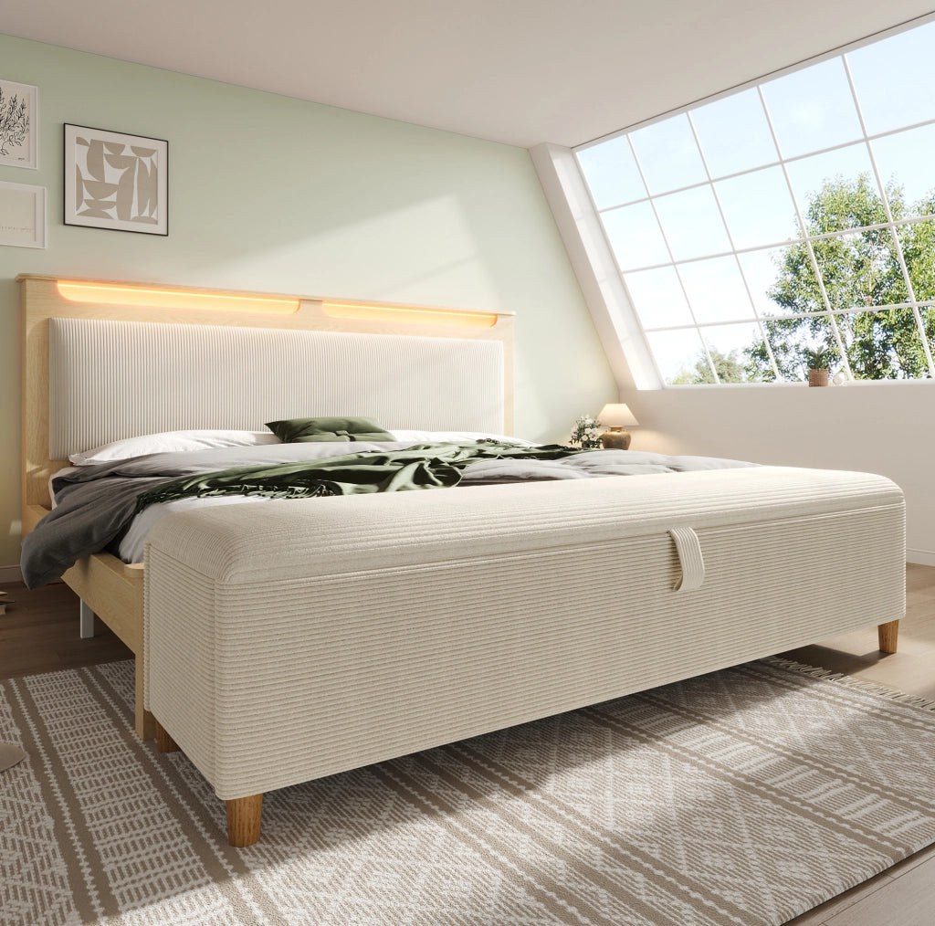 Letto matrimoniale 160x200 cm in legno e corduroy beige con contenitore; LED e panca