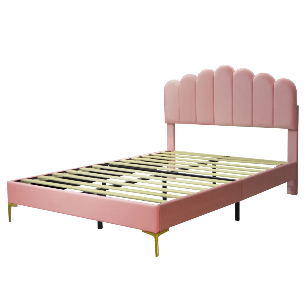 Letto matrimoniale imbottito 140x200 cm in velluto rosa con testiera regolabile