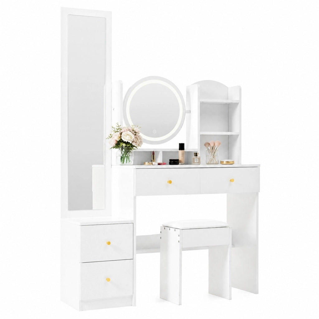 Toeletta 4 in 1 con specchio LED; specchio girevole; 4 cassetti e sgabello; bianca