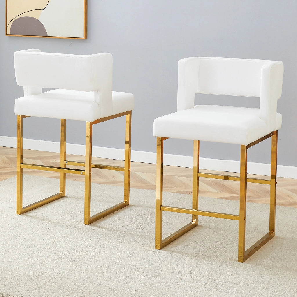Sgabello da bar set da 2 con seduta imbottita quadrata e gambe in metallo dorato, in PU bianco 91,4 cm