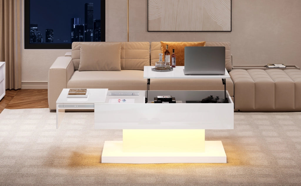 Tavolino da salotto sollevabile bianco lucido con luci led e contenitore 100x50 cm