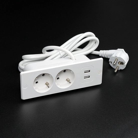 Alimentatore per tavolo con 2 prese, 2 porte USB e cavo da 1,5 metro - adatto per superfici da cucina e tavoli di conferenza (bianco).