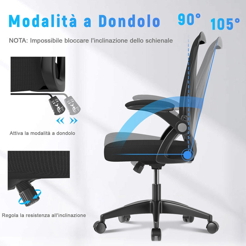 Sedia Ufficio con Braccioli Ribaltabili - RATTANTREE - Schienale in Rete Mesh - Schienale 90¡ã-105¡ã - Portata 120kg - Nero