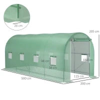 Serra a Tunnel da Giardino 5x2x2 m con 8 Finestre e Porta Avvolgibile, Verde